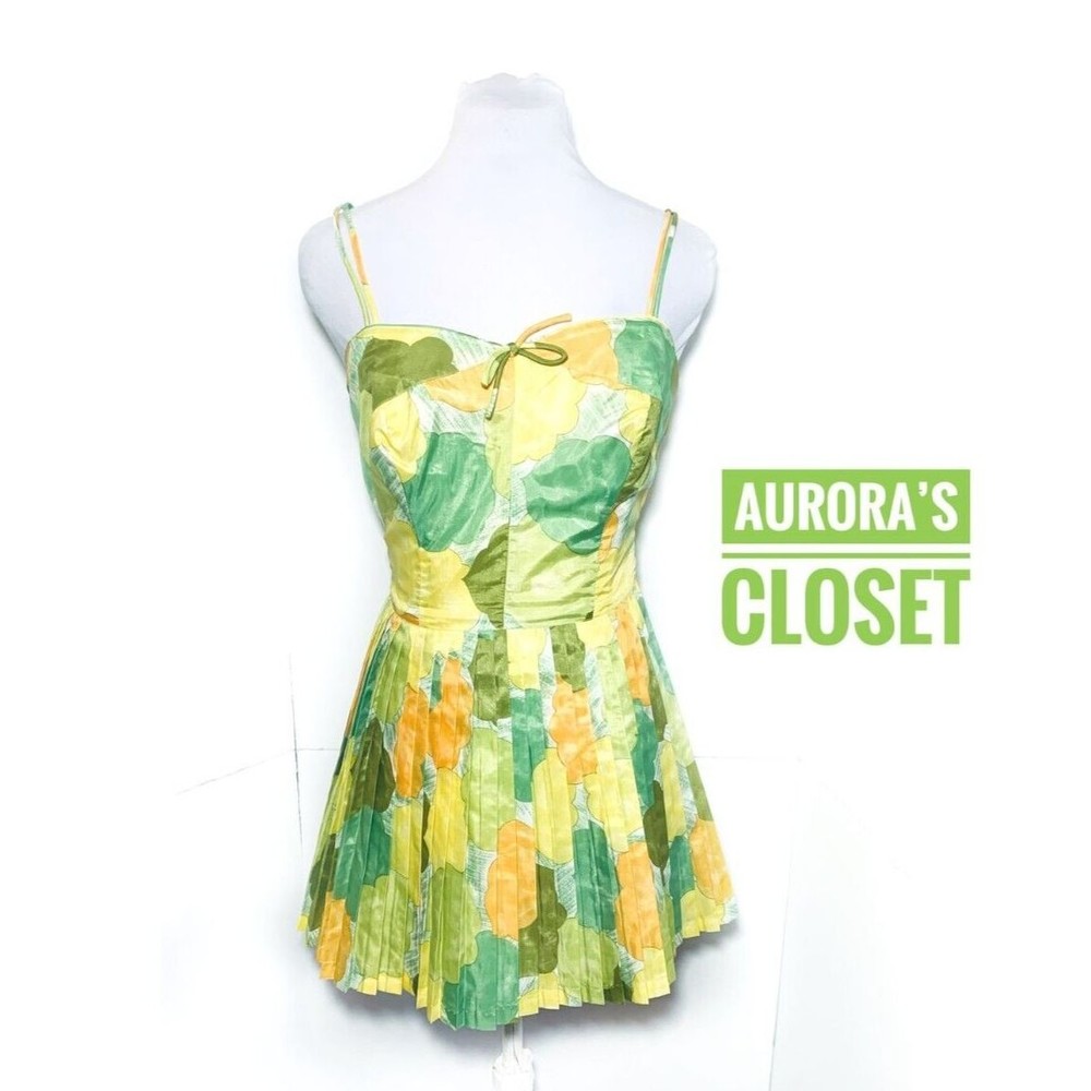 VTG GaBar NY 14 Green Playsuit Pleated Skirt Floral Dress Bloomers Medium